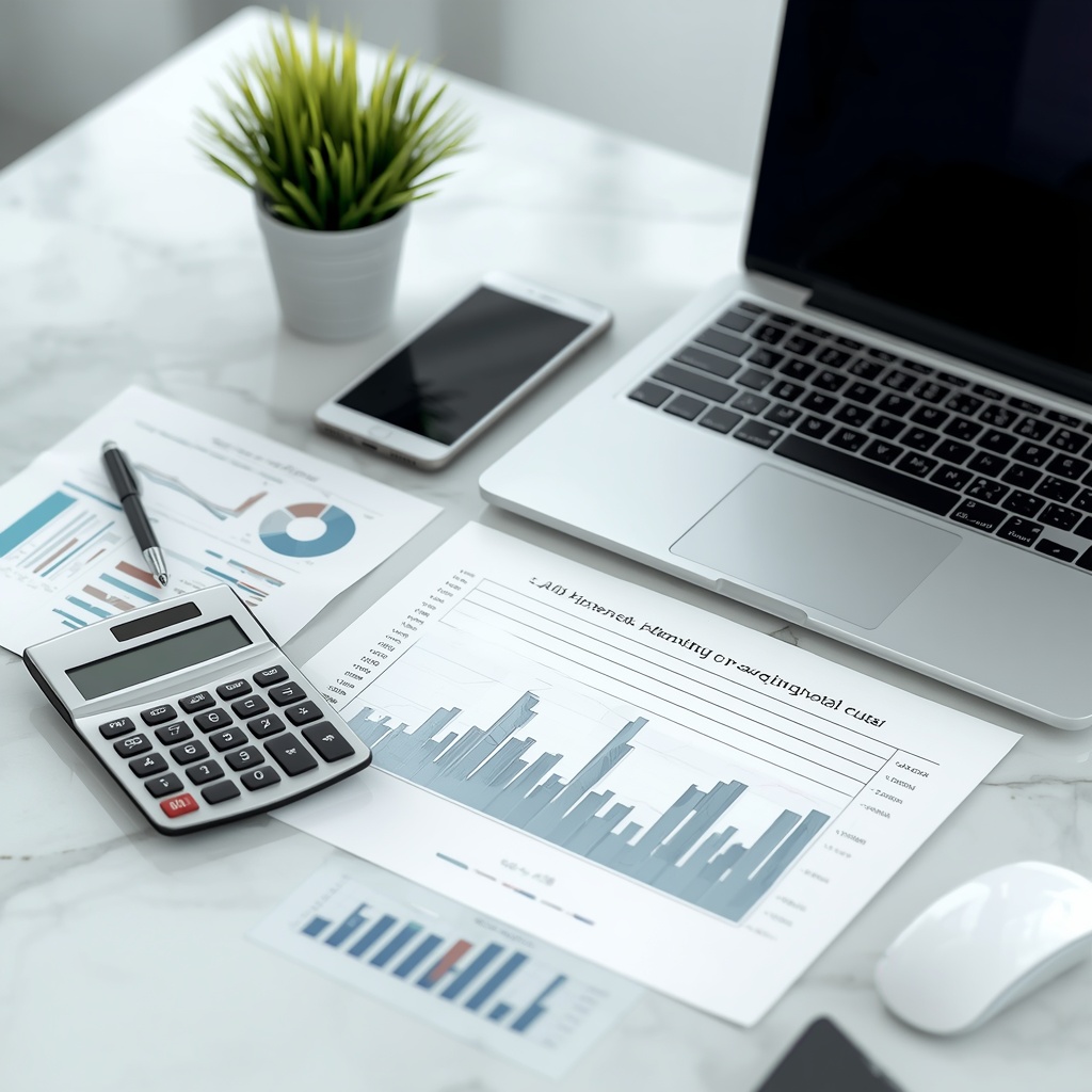 Professional financial planning desk with calculator, graphs and laptop on clean marble surface, no people, soft natural lighting, photorealistic 4K quality
